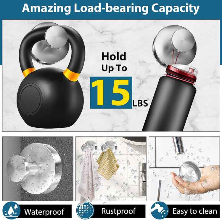 Suction Cup Hooks for Shower, 4 PCS No-Drill Towel Holder for Bathrooms Wall, Glass Door, Mirror, Tiles, Kitchen, Hold Robe & Wreath, Hanging up to 15 lbs – Waterproof & Rustproof, Loofah-Silver