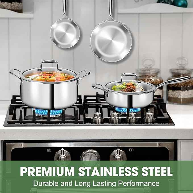 3 Ply Stainless Steel 11-Piece Cookware Set with Lids, Pots and Pans Kitchen Set, Non-Toxic, Induction, Oven, Dishwasher Safe, Professional Chef Quality