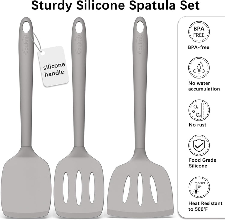 Coukre Silicone Spatula Set of 3, High Heat Resistant, BPA-Free, Kitchen Utensils, Fish Spatula, Solid & Slotted Turner for Non-Stick Pans, Flipping Eggs, Pancakes, Fish, Burgers (3, PureGray)