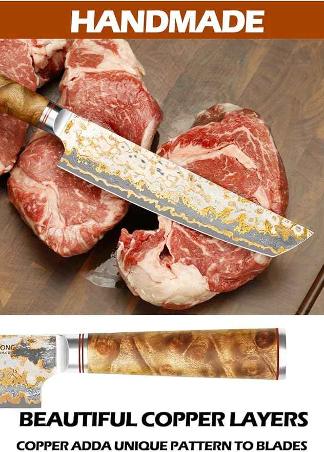 YOUSUNLONG Tanto Chef's Knife 8 Inch - Japanese Handmade CuMai Copper Damascus Steel Blade - Naturel Burl Wooden Handle with Leather