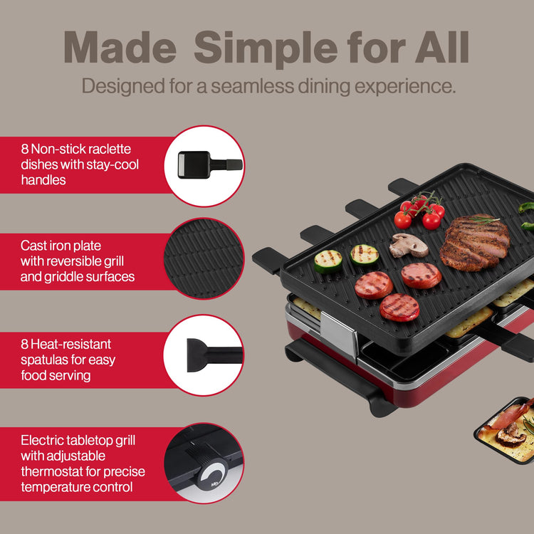 Classic 8 Person Raclette Party Grill with Reversible Cast Iron Grill Plate