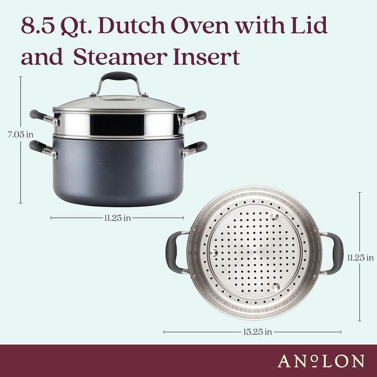 Anolon Advanced Home Hard Anodized Nonstick Wide Stockpot with Stainless Steel Steamer Insert and Glass Lid, 3 Piece Cookware Steamer Set, Moonstone