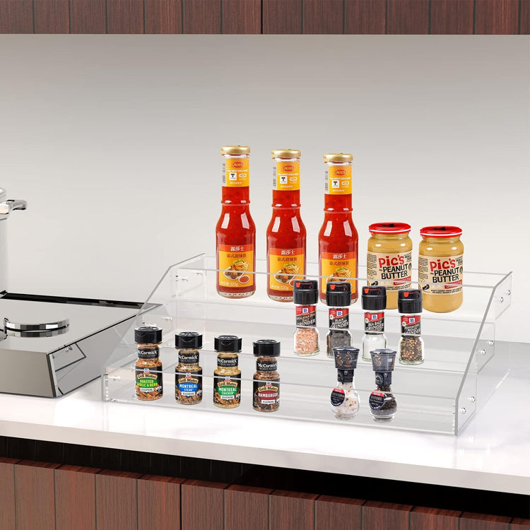 PMMASTO Widen Tiered Spice Rack, Seasoning Organizer, Clear Acrylic Vertical Shelves Can Organizer for Countertop, Cabinet, Pantry, Kitchen Organization and Storage - 3 Tier