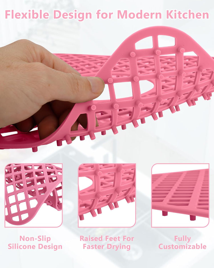 2 Pack Silicone Sink Protector for Kitchen Sink, Lozenge Pattern 13 x 11 inches Sink Grid Mat Silicone Protectors, Center Drain, Pink