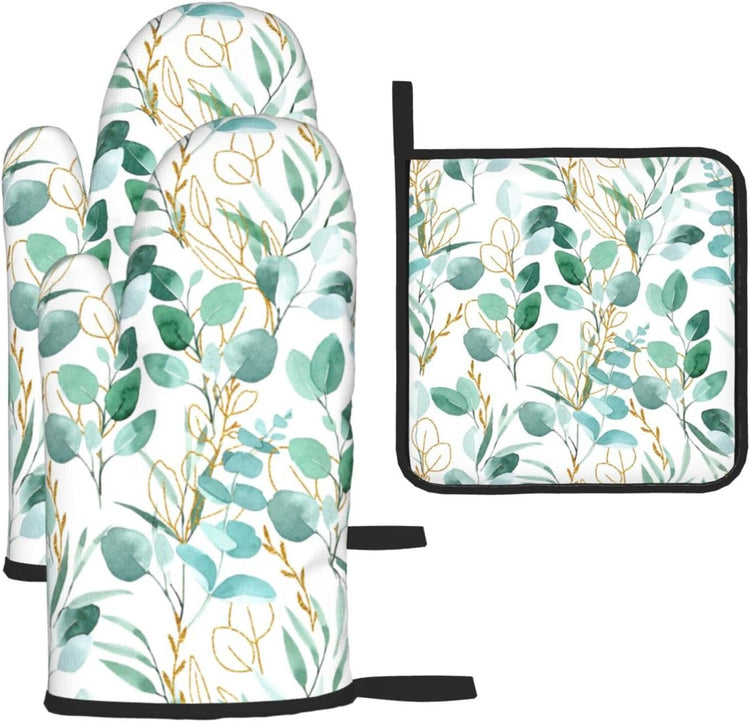 Sage Green Leaves Oven Mitts and Pot Holders Sets Heat Resistant for Kitchen BBQ Microwave Baking Grilling Cooking Set of 3 Cute Botanical Kitchen Oven Glove