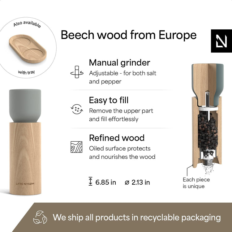 LARS NYSØM Wooden Salt and Pepper Grinder Set Manual - Salt and Pepper Mills with Adjustable Ceramic Grinder - Elegant Beechwood Pepper and Salt Mill Set for Dining Table (Blue/Gray)