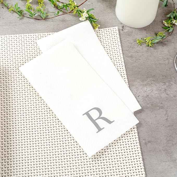 Luxenap 15.8 X 7.9 Inch Linen-Feel Guest Towels, 2000 Lettered Hand Towels - Silver Letter 'R', Sans Serif Font, White Paper Dinner Napkins, airlaid, For Restrooms And Tables - Restaurantware