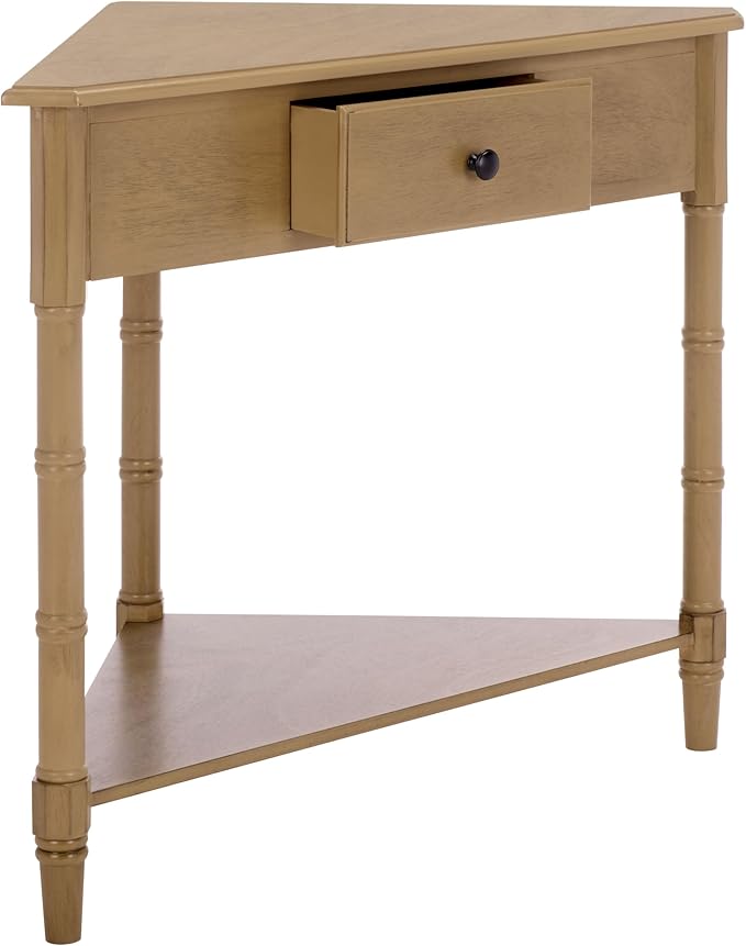 SAFAVIEH Home Collection – Gomez Desert Brown Corner Table, 1-Drawer Space-Saving Triangle Accent Table, Classic Turned-Leg Design (AMH5709L)