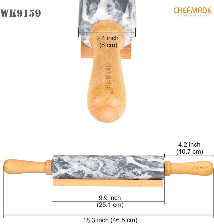 CHEFMADE 18-Inch Marble Rolling Pin with Wooden Handles and Cradle, Non-Stick (Gray and White)