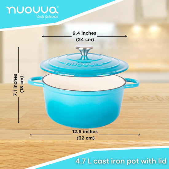 Cast Iron Pot with Lid – Non-Stick Ovenproof Enamelled Casserole Pot, Oven Safe up to 500° F – Sturdy Dutch Oven Cookware – Blue, 5-Quart, 24cm – by Nuovva - Nestoria