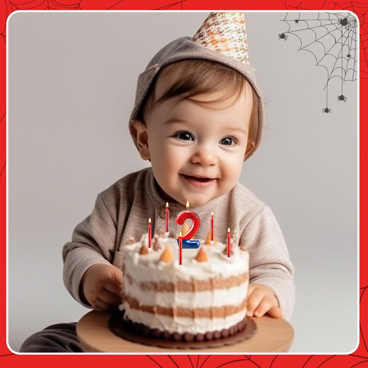 13 Pcs Spider Themed Birthday Candle Set Red Spider Theme Number 2 Candle Cake Topper for Boys Girls Birthday Decoration Spider Party Decoration Supplies (13 Count)
