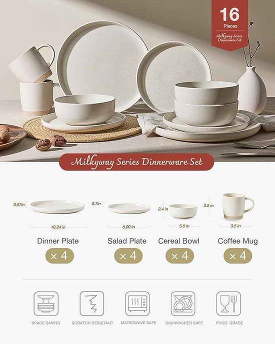 Famiware Milkyway Stoneware Dinnerware Sets with Mugs, Service for 4 (16 Pieces), Reactive Glaze Plates and Bowls Sets, Microwave and Dishwasher Safe Dishes Set, Matte Beige White