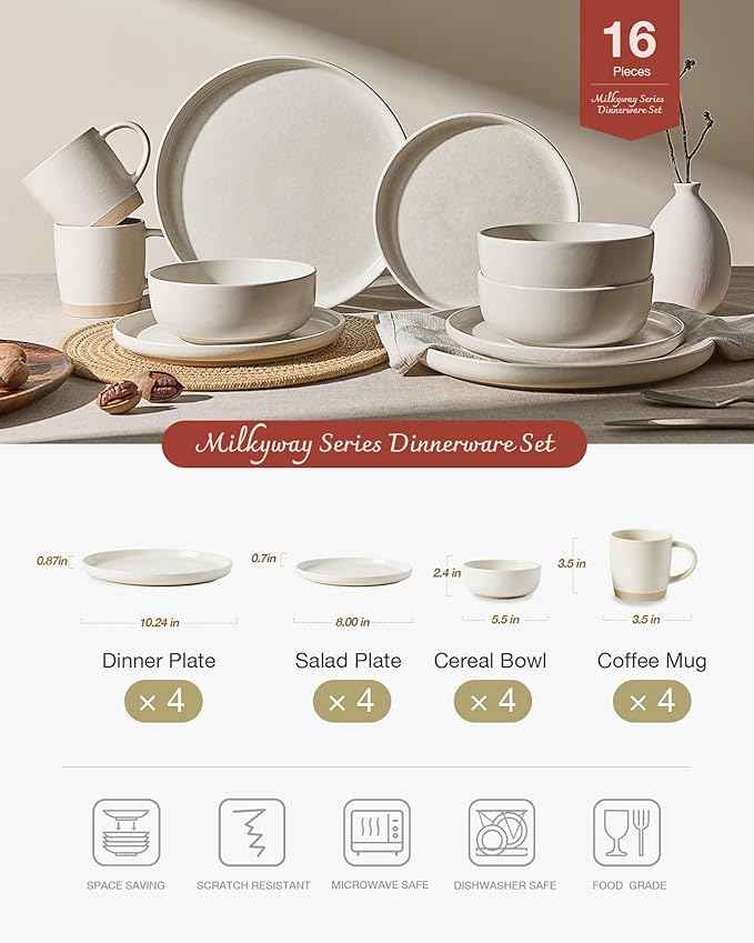 Famiware Milkyway Stoneware Dinnerware Sets with Mugs, Service for 4 (16 Pieces), Reactive Glaze Plates and Bowls Sets, Microwave and Dishwasher Safe Dishes Set, Matte Beige White
