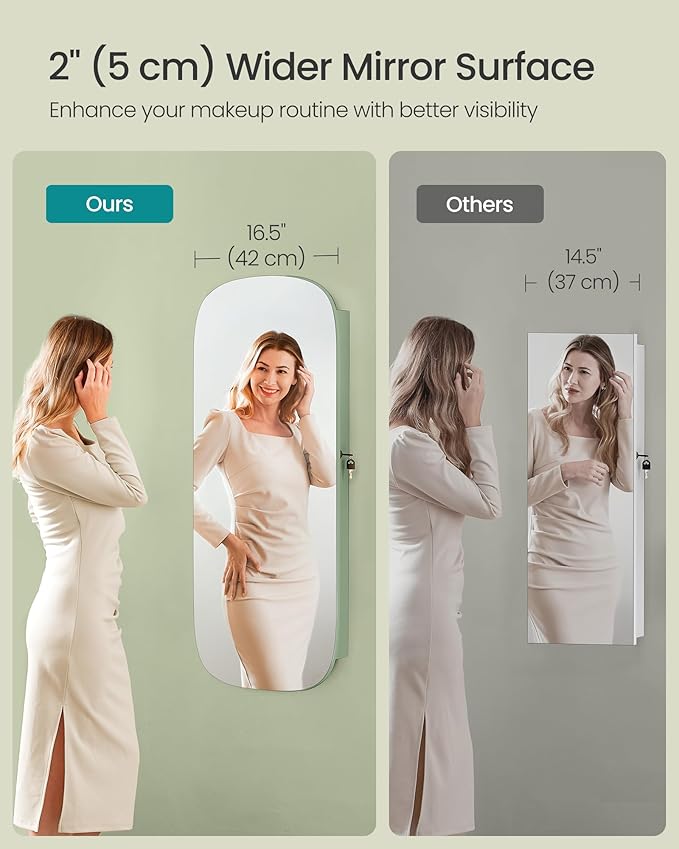 SONGMICS Jewelry Organizer, LED Jewelry Cabinet Wall/Door Mounted, Lockable Rounded Wide Mirror with Storage, Interior Mirror, 3.9 x 16.5 x 42.5 Inches, Laurel Green Surface with Cream White Lining