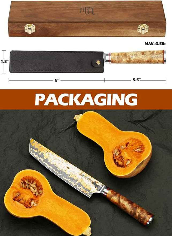 YOUSUNLONG Tanto Chef's Knife 8 Inch - Japanese Handmade CuMai Copper Damascus Steel Blade - Naturel Burl Wooden Handle with Leather