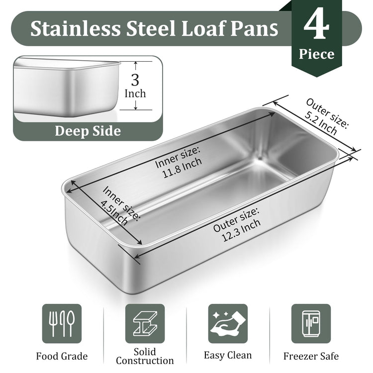 Loaf Pan 12 x 5 Inch Stainless Steel Loaf Pans for Baking Bread (4 Count)