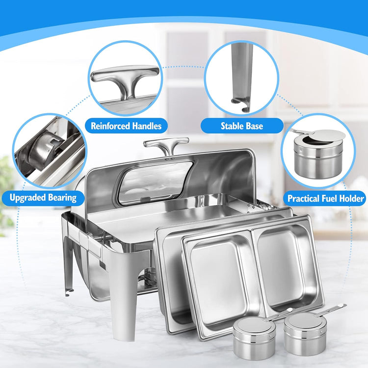 Chafing Dish Buffet Set, 9 QT Stainless Steel Roll Top Chafing Server Set, Food Warmers for Parties