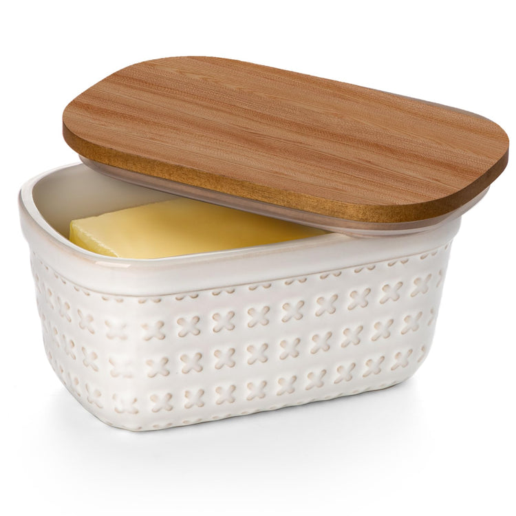 Ceramic Butter Dish Embossed Butter Keeper with Wood Lid for Countertop
