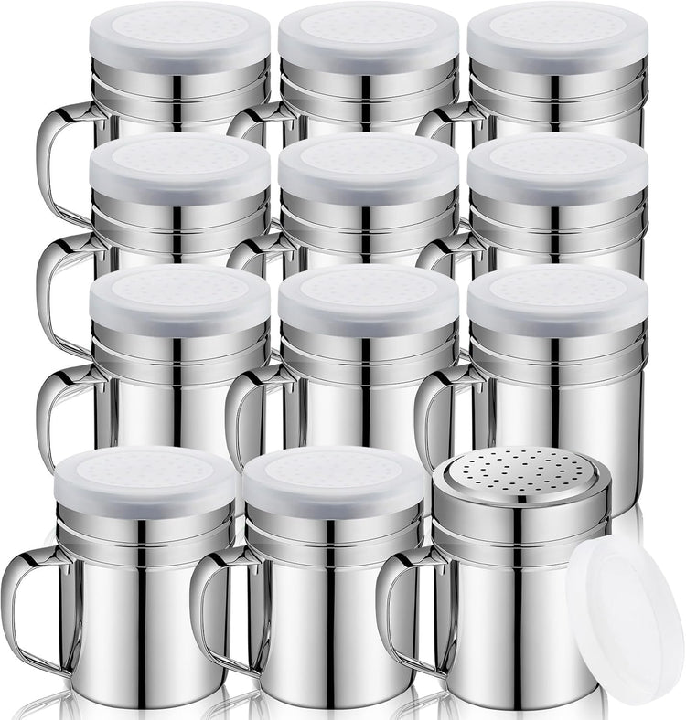 Lallisa 12 Pcs 10 oz Stainless Steel Spice Shakers with Holes and Lids Dredge Shakers with Handle Versatile Salt Shaker for Sugar Pepper Seasoning Flour Popcorn Cinnamon Powder Container Accessories