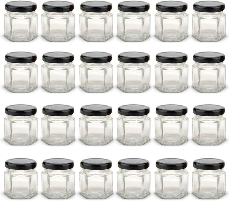 1.5 oz Hexagon Mini Glass Jars with BLACK Lids and Labels (Pack of 24)