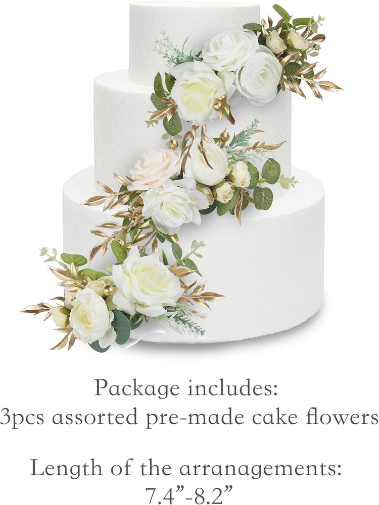 Rinlong 3Pcs Pre-made Cake Toppers Flowers Cake Decorations Wedding Cake Decorating Flowers Decor Christening Birthday Baptism Baby Shower Party Cake Topper Flower Arrangements White Gold