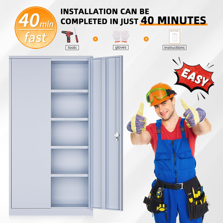 Metal Storage Cabinets 72” Cement Grey Garage Steel Storage Cabinet with Doors and Shelves