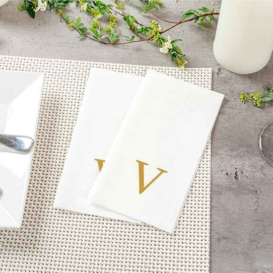Luxenap 15.8 X 7.9 Inch Linen-Feel Guest Towels, 50 Lettered Hand Towels - Gold Letter 'V', Sans Serif Font, White Paper Dinner Napkins, airlaid, For Restrooms And Tables
