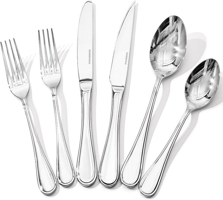 KINGSTONE 48 Piece Teardrop Silverware Set with Steak Knives, 18/10 Stainless Steel Flatware Set for 8, Modern Design Cutlery Set for Home/Hotel/Wedding,Mirror Polished and Dishwasher Safe