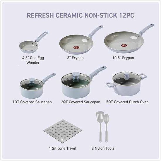 T-Fal Refresh Ceramic Nonstick Cookware Set, 12-Piece Nonstick Cookware, Oven Safe to 350°F, Stockpot, Griddle, Frying Pans, Utensils, Ceramic Pots and Pans Set, Blue