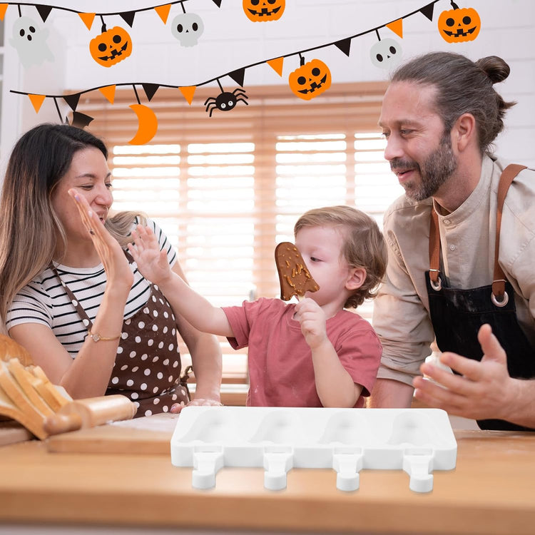 Hushee Halloween Ghost Shaped Mold Large 4 Cavity Reusable Silicone Cakesicle Cake Pop Ice Cream Mold for Halloween Adults Homemade Ice Cream Chocolate Candy DIY Trick Dessert Decorating