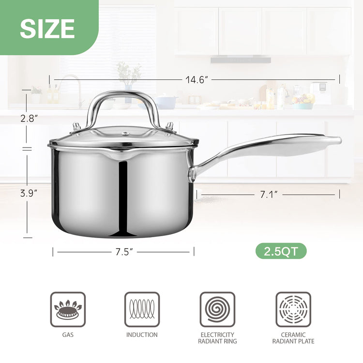 2.5 Quart Stainless Steel Pot Saucepan with Glass Strainer Lid