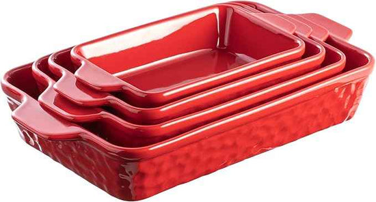 Casserole Dishes for Oven, Baking Dishes, Ceramic Bakeware Sets of 4, Rectangular Baking Pan Set with Handles for Baking, Casserole, Kitchen, Wedding Gift (Red)