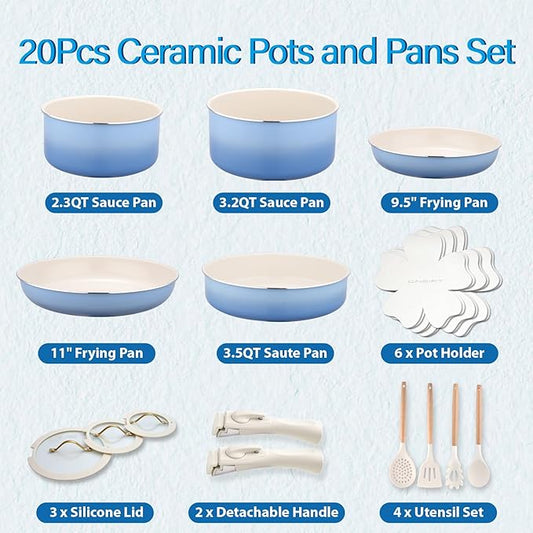 ONGIFT 20pcs Ceramic Cookware Set Nonstick, Detachable Handle Pots and Pans Set, Non Toxic,No PFAS & PTFE & PFOA, Dishwasher/Oven Safe, RV Kitchen Set Removable Handle for Cooking, Blue