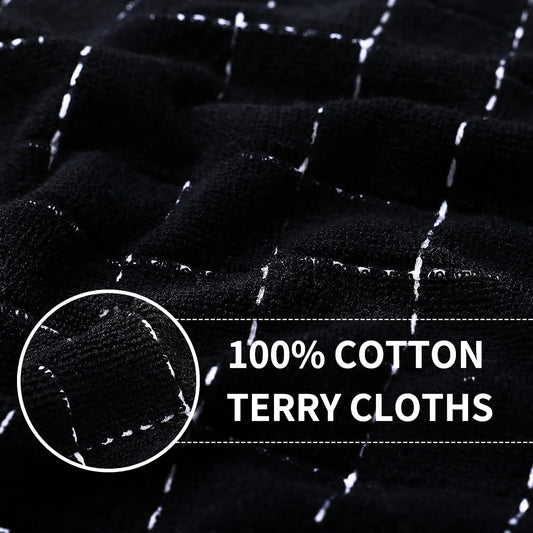Homaxy 100% Cotton Terry Kitchen Towels(Black, 13 x 28 inches), Checkered Designed, Soft and Super Absorbent Dish Towels, 6 Pack