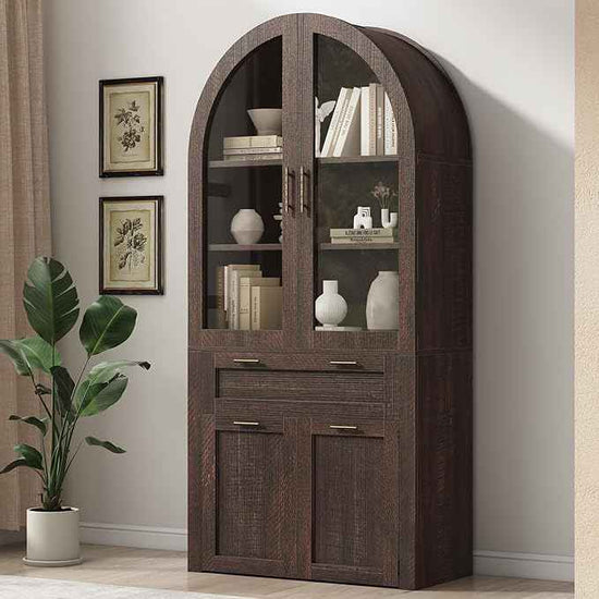 Itaar 71" Arched Kitchen Pantry Cabinet, Kitchen Storage Cabinets with 1 Large Drawer & Storage Cart 2 Tier & Door Shelves for Living Room, Dining Room, Brown