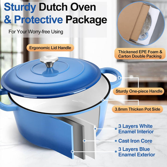 P&P CHEF 7QT Enameled Dutch Oven, Cast Iron Dutch Oven Pot with Lid for Bread Baking, Enameled Casserole Pot for Roasting Braising Stewing Frying Simmering, Various Stoves & Easy Clean, Blue - Nestoria
