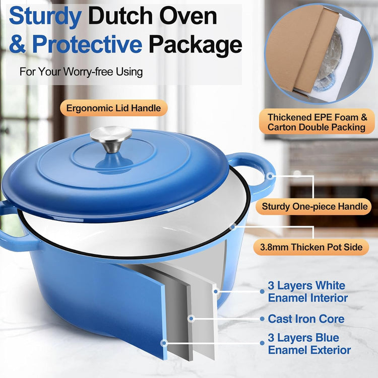 P&P CHEF 7QT Enameled Dutch Oven, Cast Iron Dutch Oven Pot with Lid for Bread Baking, Enameled Casserole Pot for Roasting Braising Stewing Frying Simmering, Various Stoves & Easy Clean, Blue - Nestoria