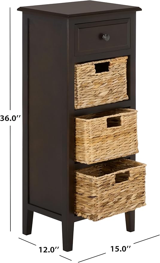 SAFAVIEH Home Collection – Michaela Dark Chocolate 4-Drawer Storage Unit, Natural Rattan Basket Organization, Fully Assembled (AMH5744F)