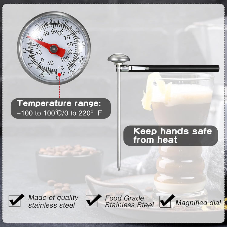 Xuhal 6 Pcs Stainless Steel Kitchen Thermometer with 5 Inch Long Stem 1 Inch Dial Thermometer Milk Frothing Food for Oven Probe Meat Grill BBQ Cooking Chocolate Water(Black)