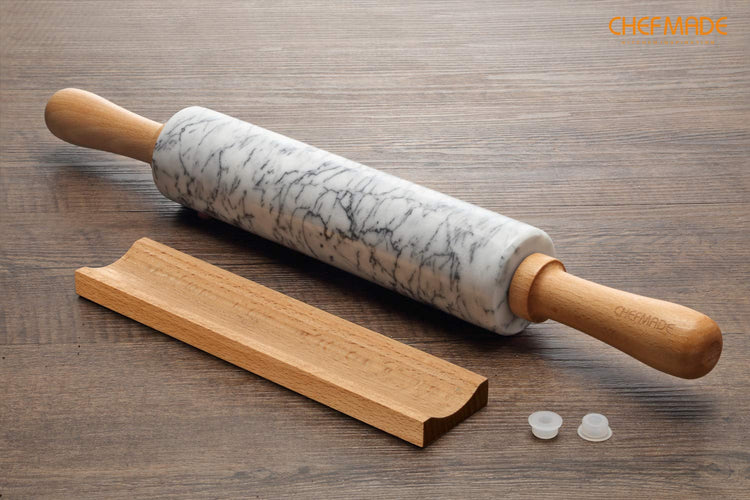18 Inch Marble Rolling Pin with Wooden Handles and Cradle