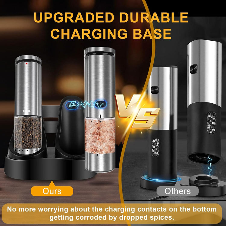 EIHO Electric Salt and Pepper Grinder Set USB Rechargeable, Upgraded External Adjustable Coarseness, Stainless Steel Automatic Salt and Pepper Shakers Mills with LED Light, House Warming Cooking Gifts