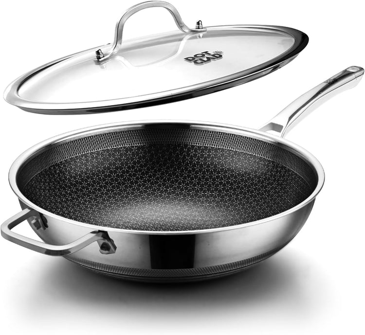 Wok pan,Hybrid 13 inch Wok with Lid, PFOA Free Cookware,non stick Stainless Steel Woks & Stir-fry pans Nonstick, Dishwasher and Oven Safe, Works on Induction