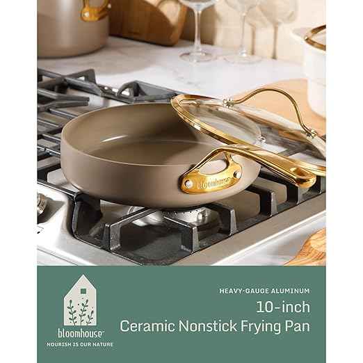 Bloomhouse - Two Time Oprah's Favorite Things Winner - 10 Inch Heavy Duty Aluminum Premium PFA Free Ceramic Nonstick Saute/Deep Frying Pan Skillet with Lid - Cappuccino Cream with Gold Handle