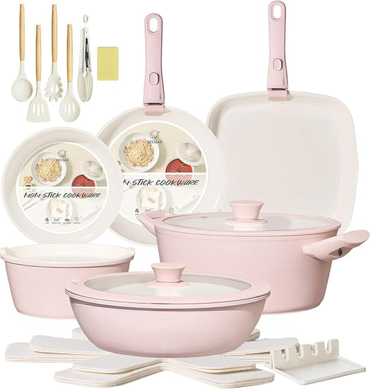 BECIGAR 23pcs Ceramic Pots and Pans Set, Nonstick Detachable Handle Cookware, Induction Kitchen Cooking Set with Removable Handle,include Frying Pans & Saucepans Oven Safe(Pink)