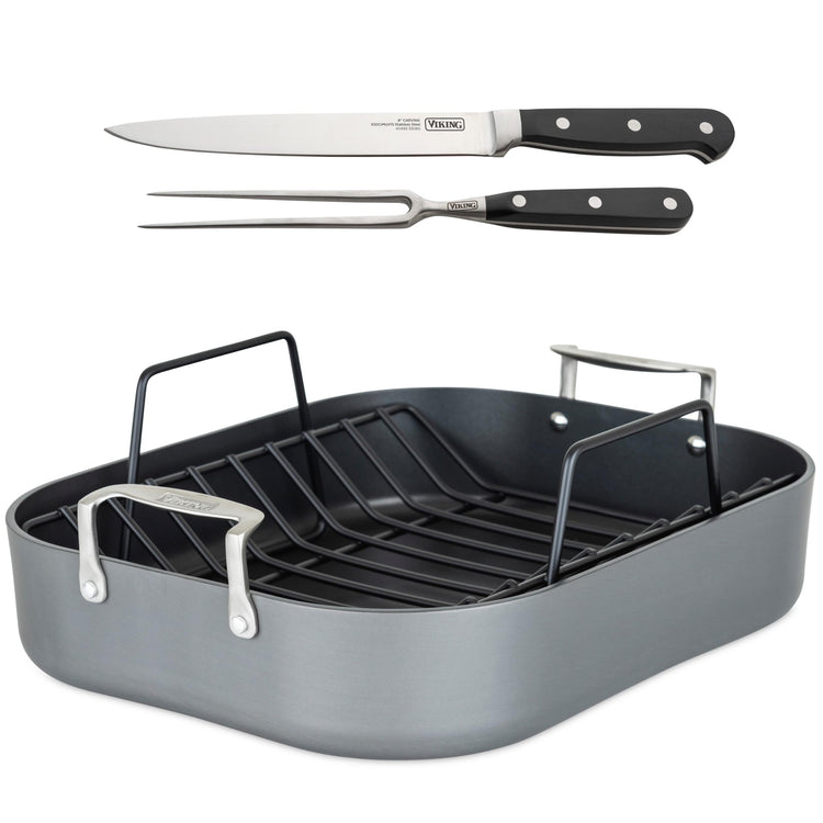 Hard Anodized Aluminum Nonstick Roasting Pan with Non Stick Rack and Carving Set