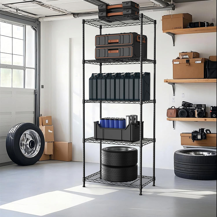 1250 lbs 5 Tier Shelf Metal Storage Shelves Wire Rack Closet Organizers with Wheel for Garage Kitchen Bathroom Laundry Black 13.7" D x 23.6" W x 62.4" H (5 Count)