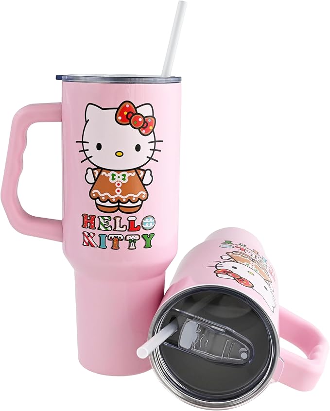 Silver Buffalo Sanrio Hello Kitty Holiday Gingerbread Dress Double Walled Stainless Steel Tumbler with Handle, Fits in Standard Cup Holder, 40 Ounces