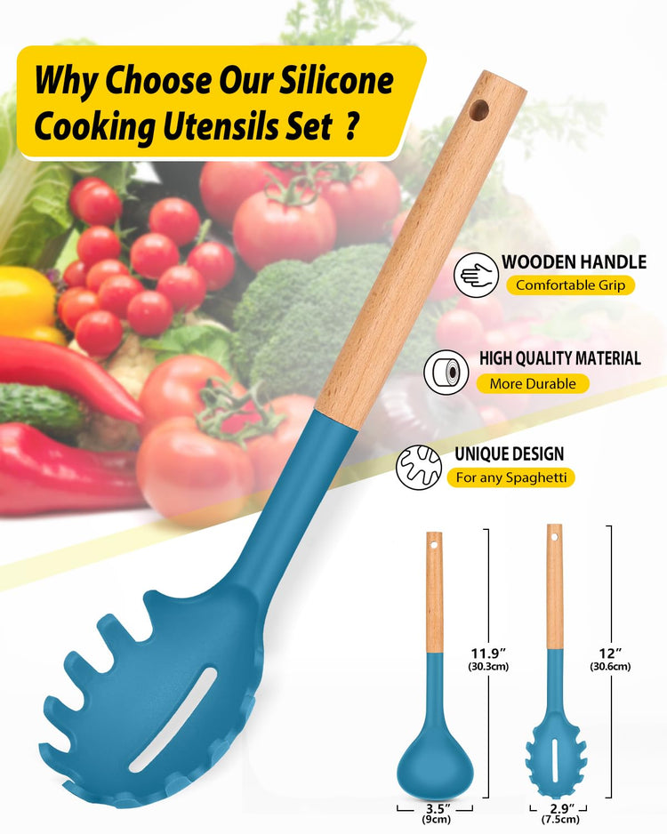 Silicone Pasta Fork and Ladle Spoon Set with Wooden Handle (2 Count)