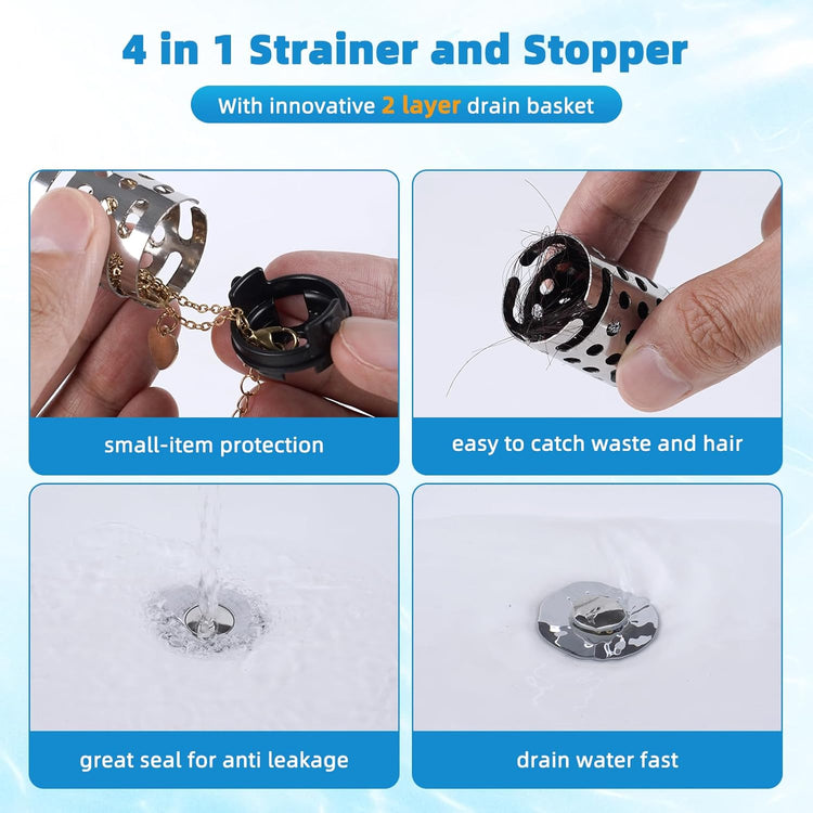 Universal Bathroom Sink Stopper Hair Catcher Upgraded with 2-Layer Detachable Filter Basket – 4 in 1 Pop Up Sink Drain Strainer, Anti-Clog, Odor-Block, Fit for 1.1''~2.36'' Sinks, 2PCS, Chrome