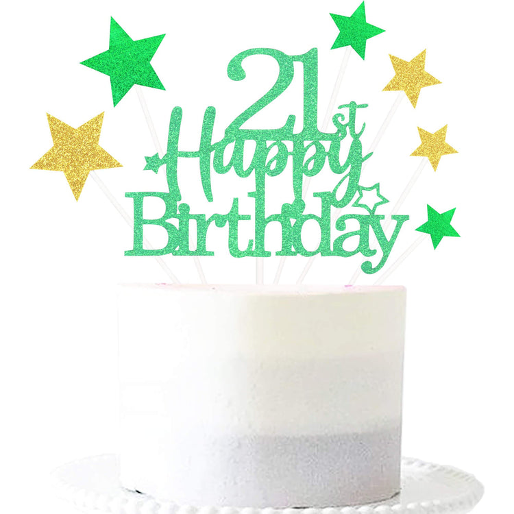 Green Gold 21st Birthday Cake Topper with Glittery Stars (7 Count)